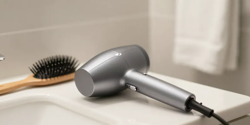 Detail view of the Laifen Mini haartrockner on a bathroom counter with hair styling tools.