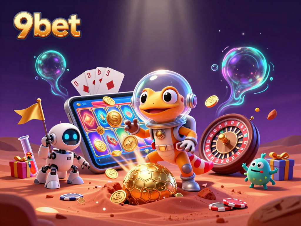 Experience thrilling gambling action with 9bet in this vibrant 3D Martian casino illustration.