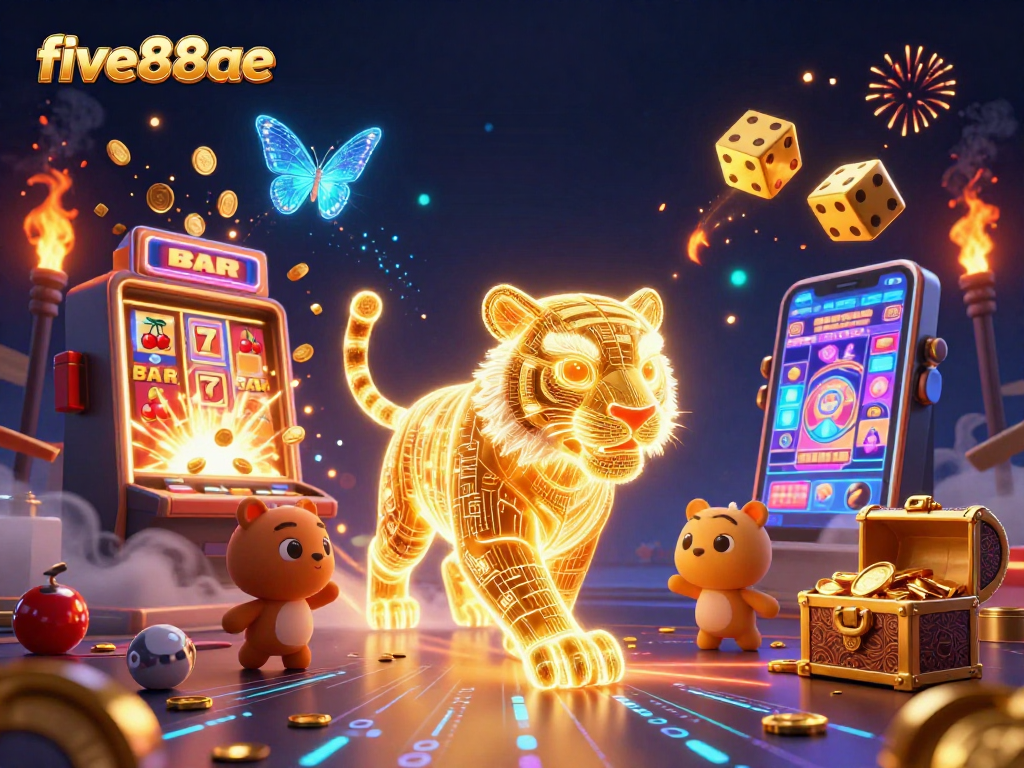 Experience the thrill of five88ae as a golden tiger prowls a digital casino, surrounded by jackpot excitement.