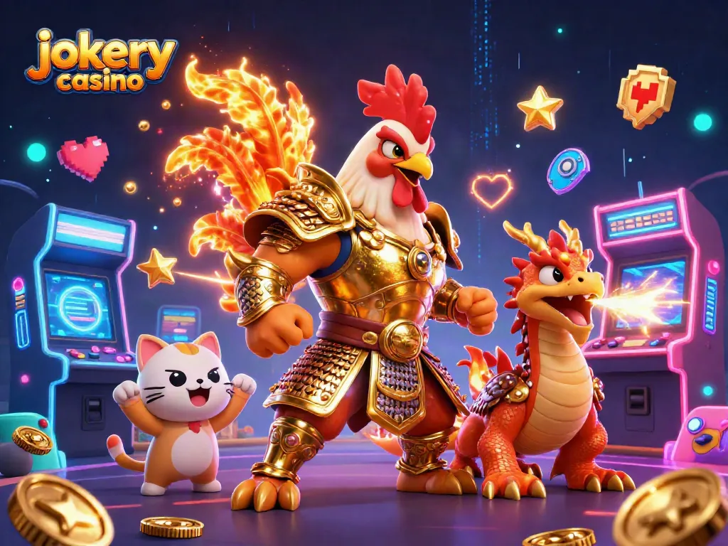 Engaging scene of jokery casino with a powerful rooster warrior and dragon hatchling amidst vibrant gaming elements.