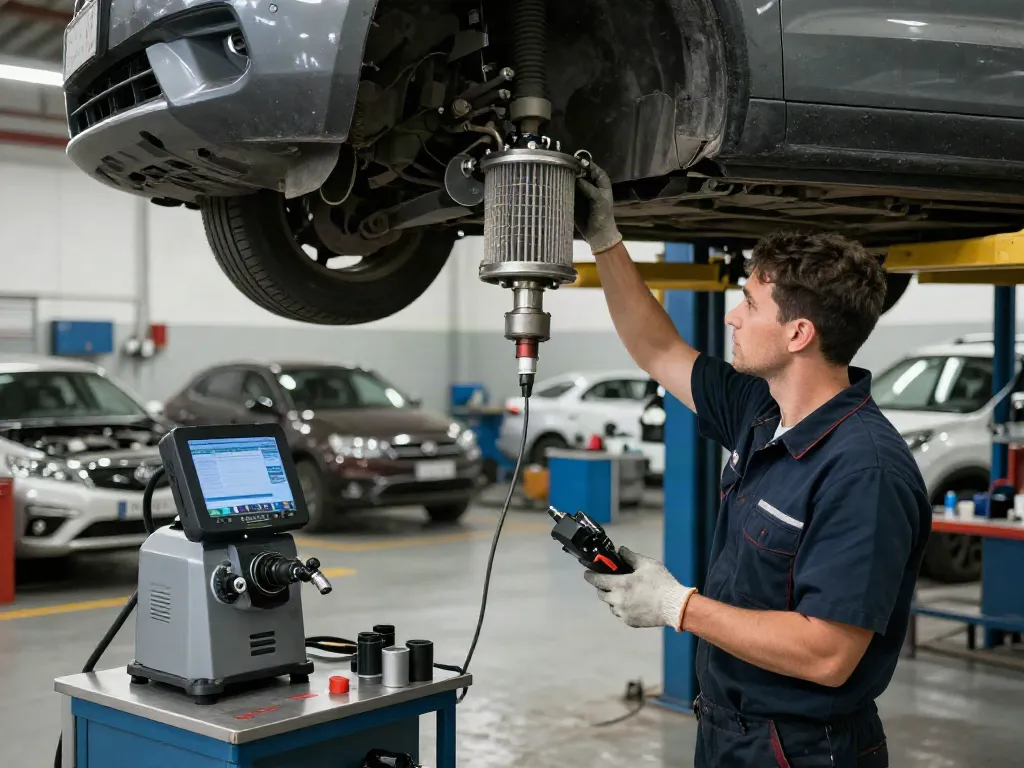 Mechaniker reinigt einen Dieselpartikelfilter (DPF) in einer Werkstatt, dpf reinigen als zentrale Aufgabe.