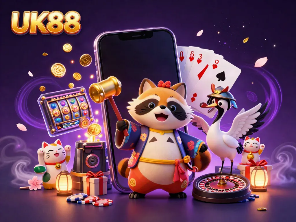 Play and win with UK88's exciting gambling scene featuring colorful characters and rich casino elements.