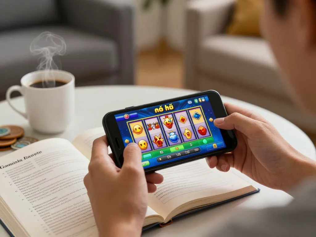 Engaged player enjoying nổ hũ slots on smartphone with strategy notes nearby in cozy home setting.