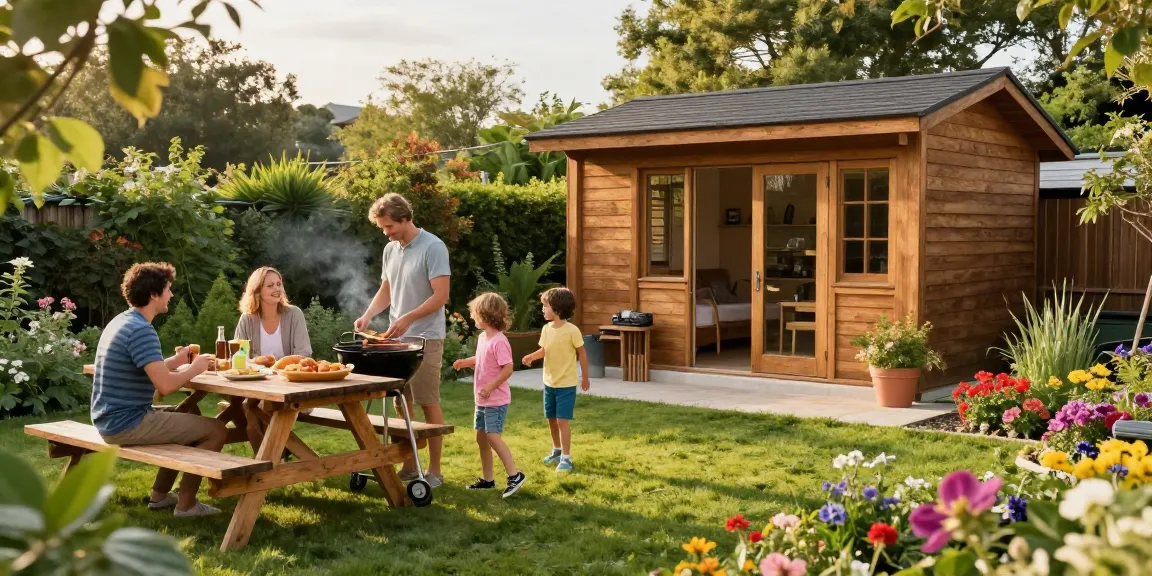 Modernes Gartenhaus von McGarden24 im Garten mit entspannten Familienaktivitäten.