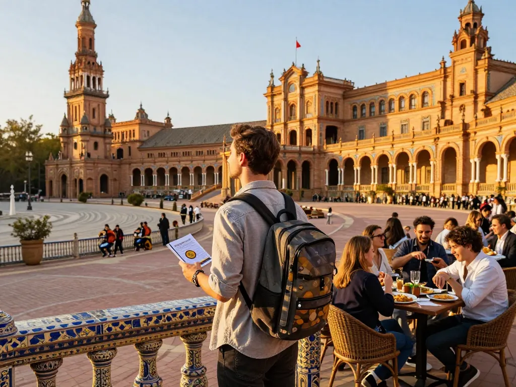 Reisetipps Sevilla - Reisender erkundet die lebhaften Straßen in der Nähe der Plaza de España während der goldenen Stunde