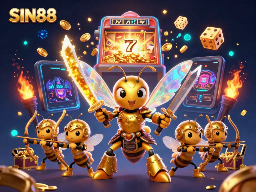 SIN88 offers cartoonish samurai hornet amidst vibrant gaming elements like slot machines and coins.