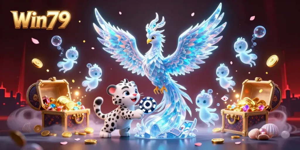 Experience the magic of Win79 with a vibrant ice-themed casino scene featuring characters and treasures.
