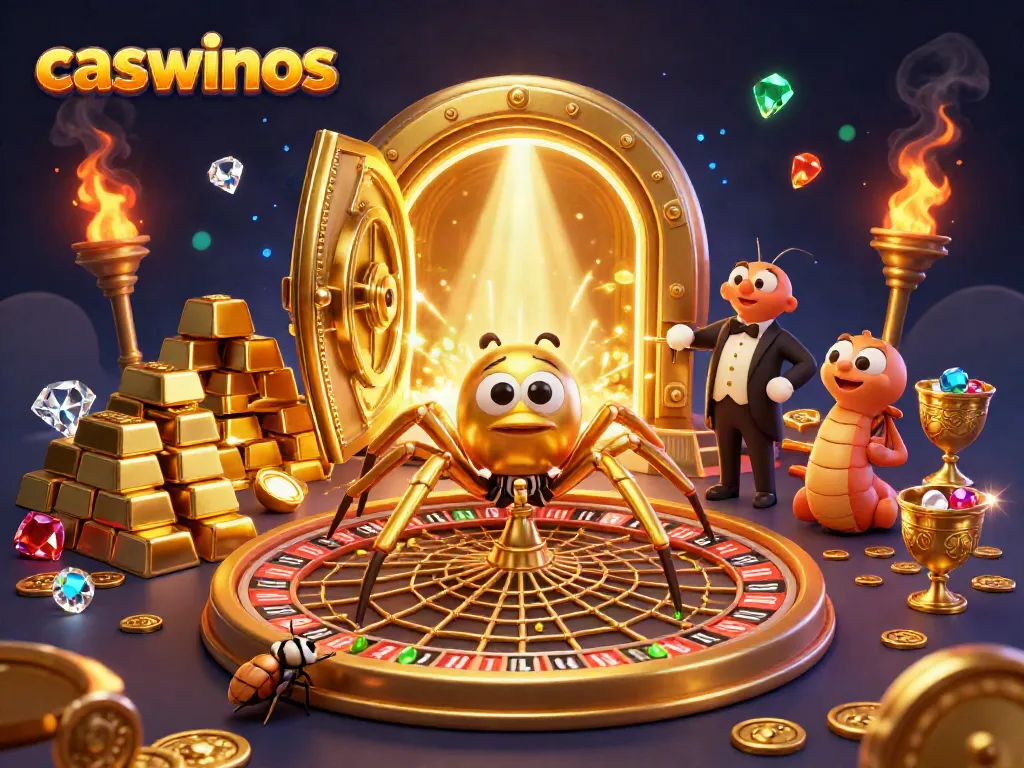 Engage in thrilling bets at Caswinos with a golden spider spinning roulette wheels and croupiers