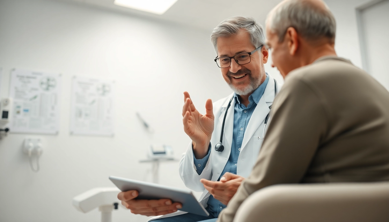 Driada medical – Arztbesuch in freundlicher Umgebung mit Patient und Arzt, Vertrauen schaffen.