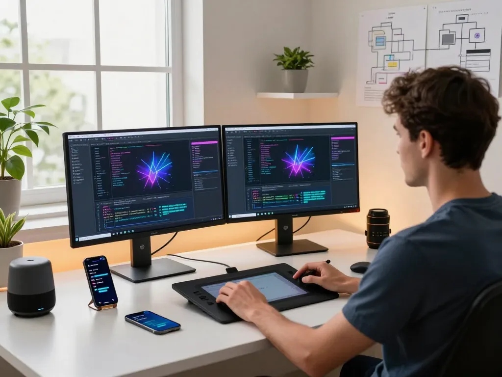 Developer utilizing motion control software in a modern tech workspace with dual monitors and creative decor.