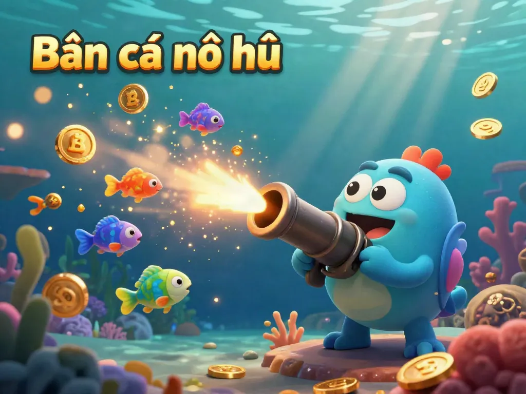 Engage in the thrilling "Bắn cá nổ hũ" game as colorful fish swim amidst coins and jackpots.