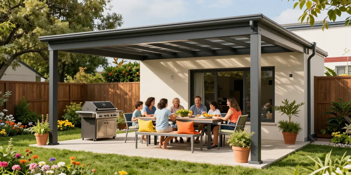 Moderne freistehende Terrassenüberdachung in einem einladenden Garten mit Familie, die einen sonnigen Tag genießt.