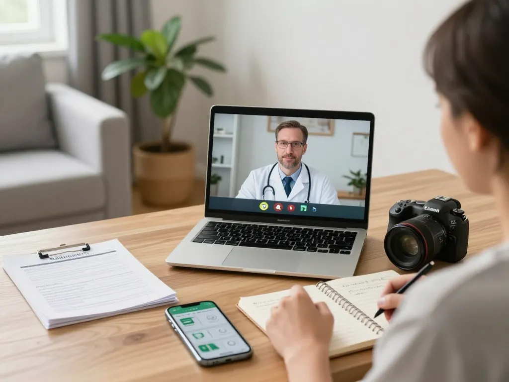 Cannabis Rezept Online bestellen während einer Telemedizin-Beratung in einem gemütlichen Homeoffice mit einem Arzt im Videoanruf.
