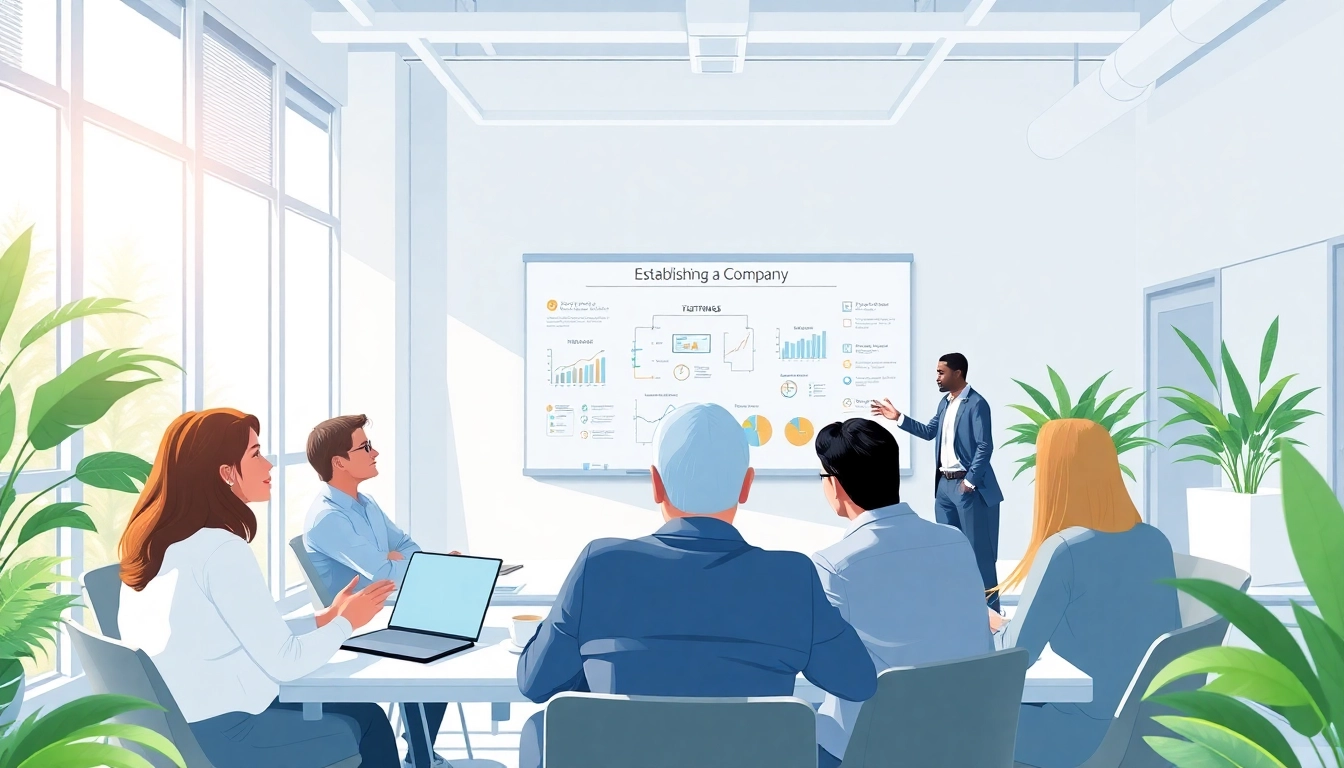 GmbH gründen: Besprechung zur Unternehmensgründung mit Dokumenten und Diagrammen.