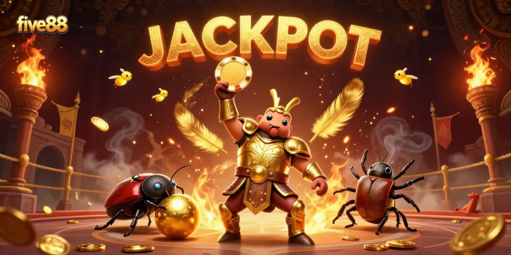 five88 game's colorful victory scene with cartoon beetles celebrating a jackpot surrounded by vibrant casino elements