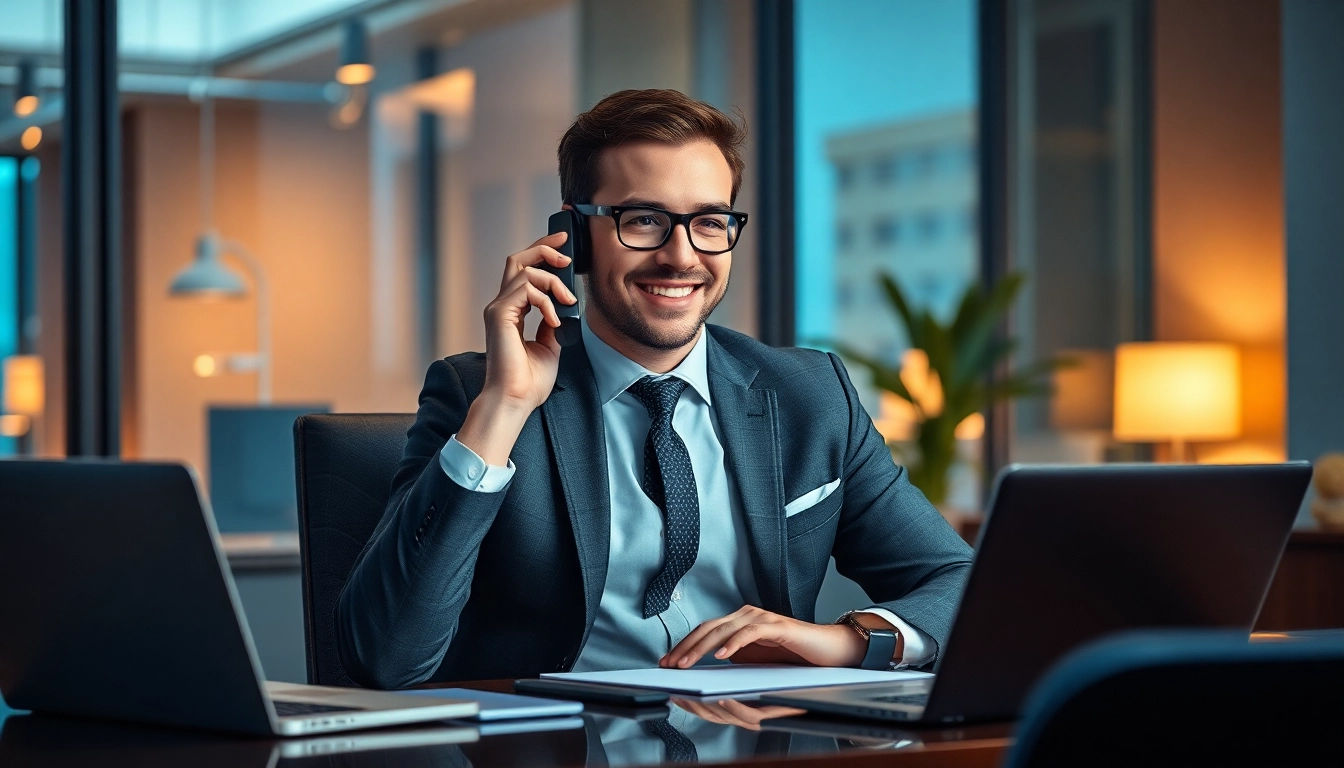 Headhunter IT am Telefon in modernem Büro, umgeben von Technologie.