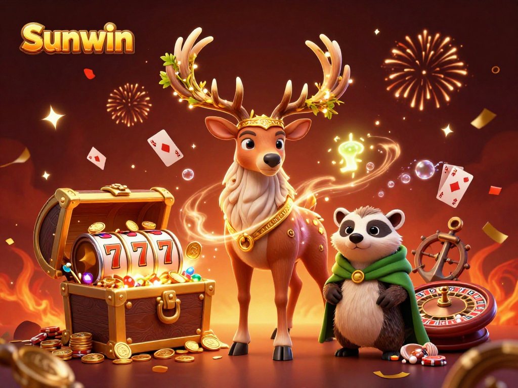 Engage with Sunwin's vibrant online casino scene featuring a druid stag and winning icons.
