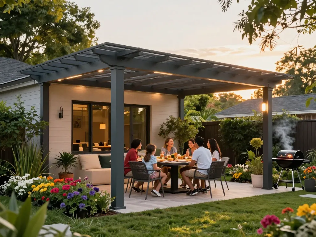 Pergola-Konfigurator, der in einer atemberaubenden Gartenlandschaft angezeigt wird und eine Familienzusammenkunft unter einer schön gestalteten Pergola zeigt.