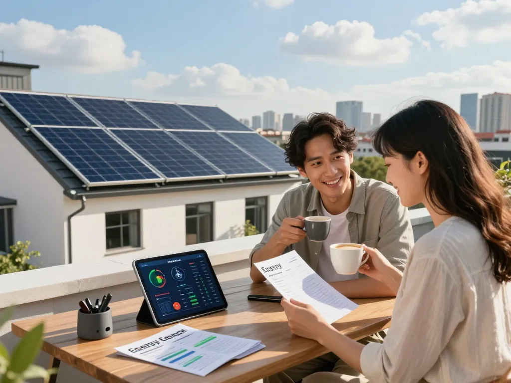 Hausbesitzer genießen reduzierte Energiekosten mit Photovoltaik Wien Solarmodulen auf dem Dach.