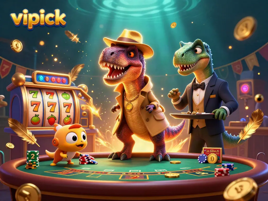 Engage with vipluck's vibrant 3D casino scene featuring cartoon dinosaurs amid dynamic slot reels and chips.