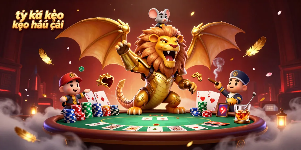 Engaging depiction of tỷ lệ kèo kèo nhà cái featuring a chimera and poker elements in a vibrant casino scene.
