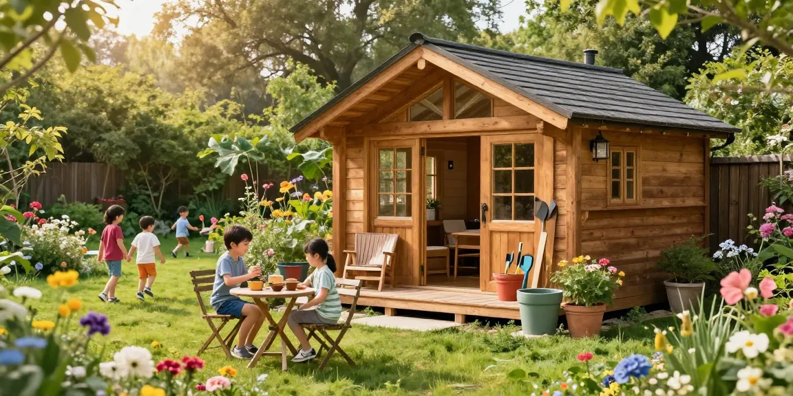 Gemütliches Gartenhaus Holz im Garten mit spielenden Kindern und blühenden Pflanzen.