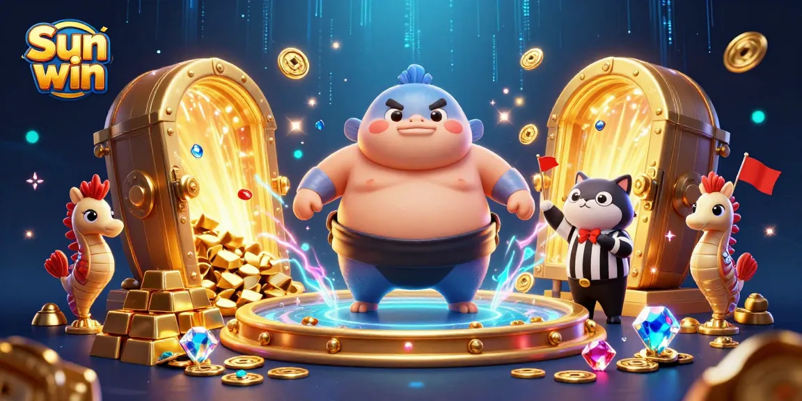 Engage in the thrilling Sun win underwater casino adventure with a festive fugu and catfish referee amidst treasure.