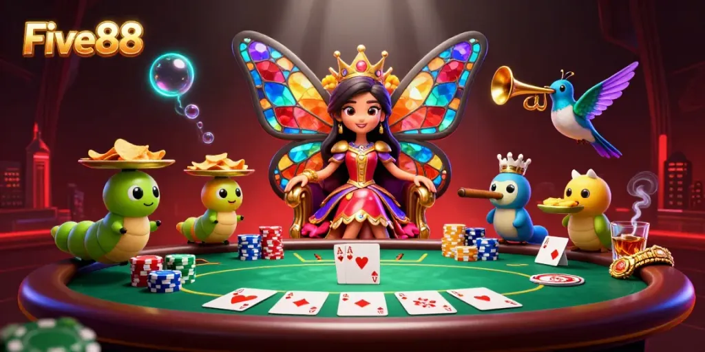 Experience excitement with Five88 in this vibrant, 3D illustration of a casino scene showcasing a butterfly queen and poker elements.