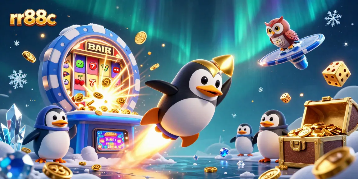 Engage with thrilling games at rr88c platform, featuring a dynamic golden penguin and casino elements.
