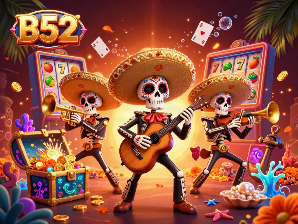 Experience big wins with B52 slots as colorful mariachi characters celebrate luck and fortune.