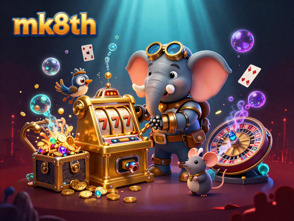 Experience thrilling slots at mk8th with cartoon steampunk characters amidst vibrant treasures and action!
