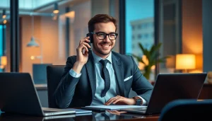 Headhunter IT am Telefon in modernem Büro, umgeben von Technologie.