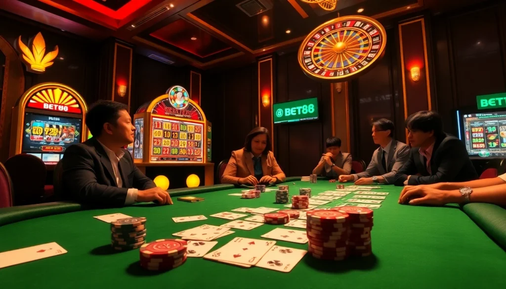 Experience the thrill of BET88 as players engage in exciting poker games at a luxurious casino table.