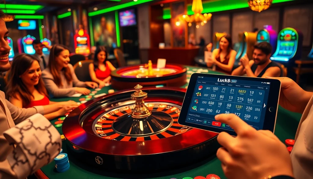 Players enjoying their gaming experience at a vibrant Luck8 casino, featuring roulette and lively gaming excitement.
