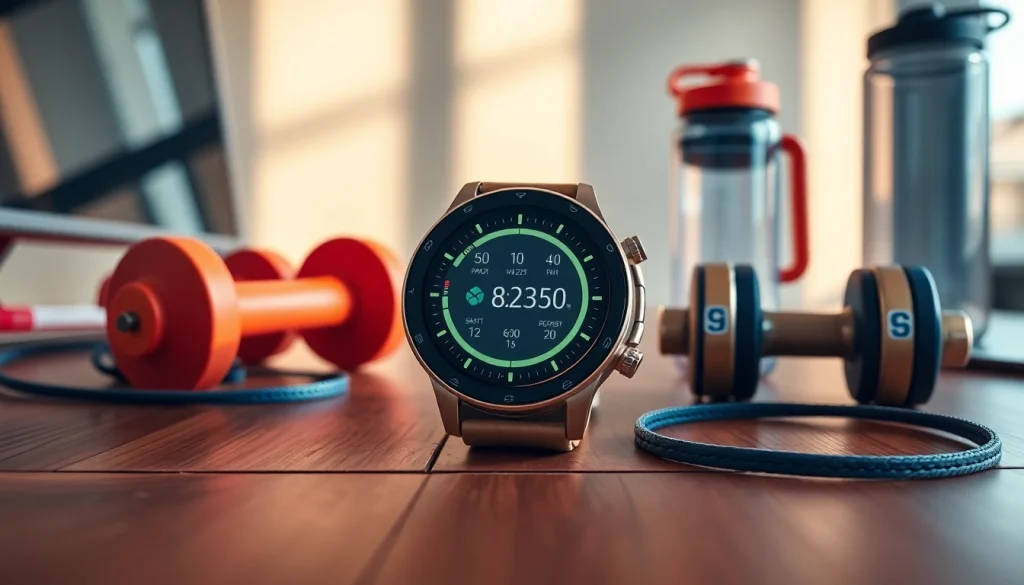 LC88 smartwatch on a wooden desk with fitness props, showcasing innovative technology.