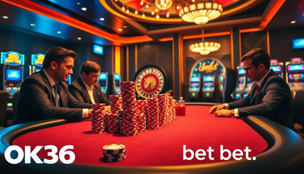 Experience the thrill of betting at OK365 bet with an exciting casino environment featuring poker and roulette.