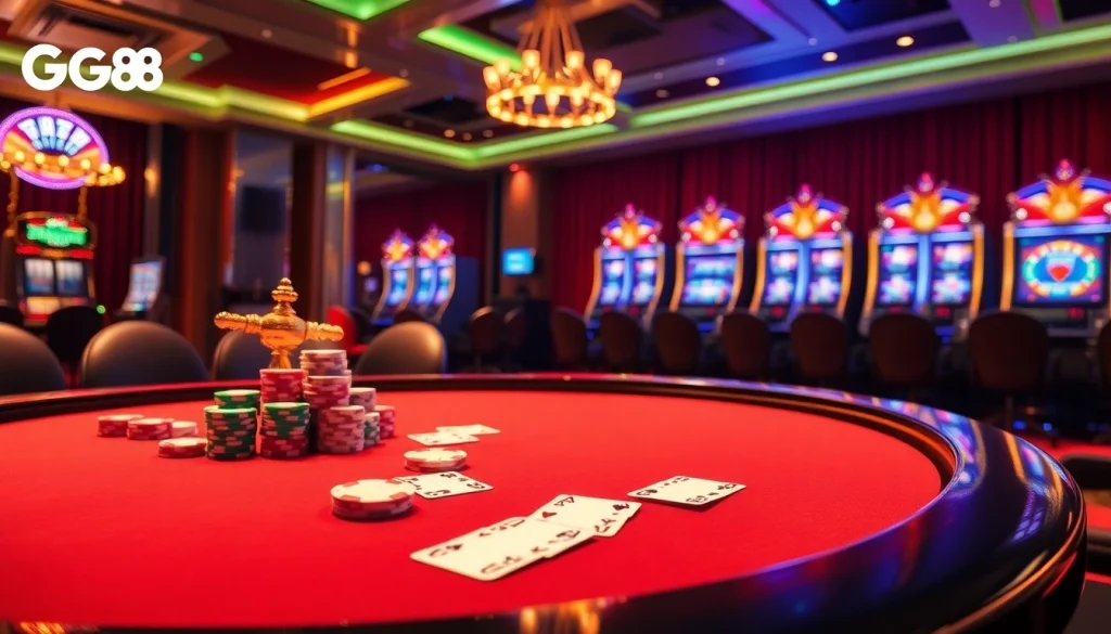 GG88 casino scene showcasing an exciting poker table, roulette wheel, and luxurious slot machines, conveying thrill