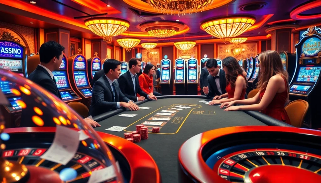 Players engaged in a thrilling poker game at 33WIN, surrounded by vibrant casino visuals.