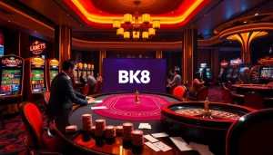 Experience the thrilling atmosphere of nhà cái BK8 with players engaged at a live casino table.