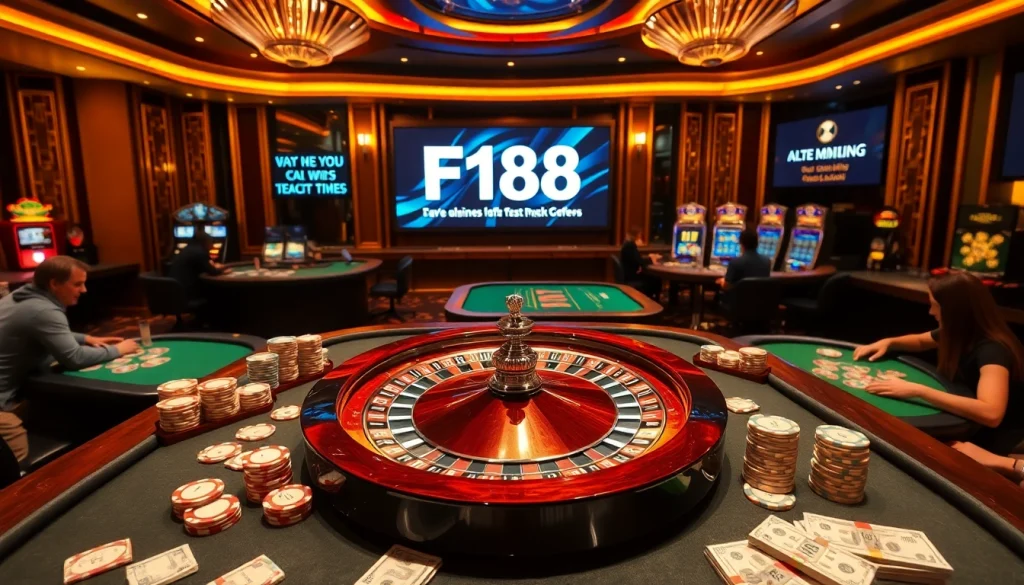 F168's vibrant casino atmosphere with roulette, poker, and slot games showcasing a luxury gaming experience.