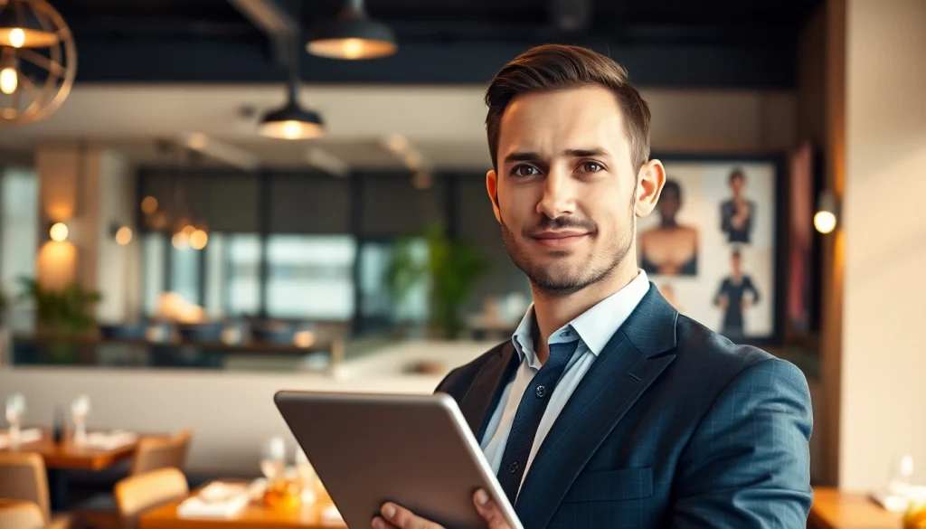 Headhunter Gastronomie zeigt Fachwissen und Professionalität in einem eleganten Büroambiente mit Gastronomiebildern im Hintergrund.