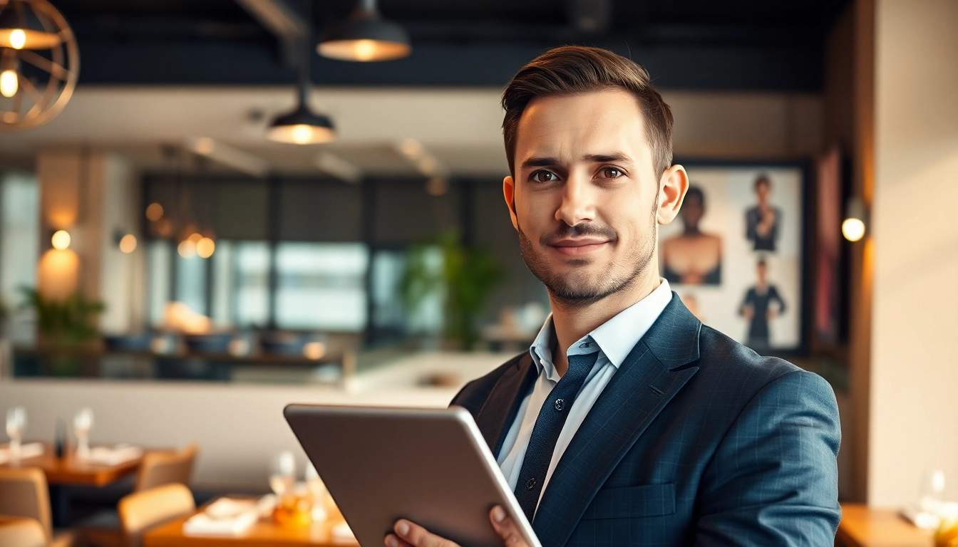 Headhunter Gastronomie zeigt Fachwissen und Professionalität in einem eleganten Büroambiente mit Gastronomiebildern im Hintergrund.