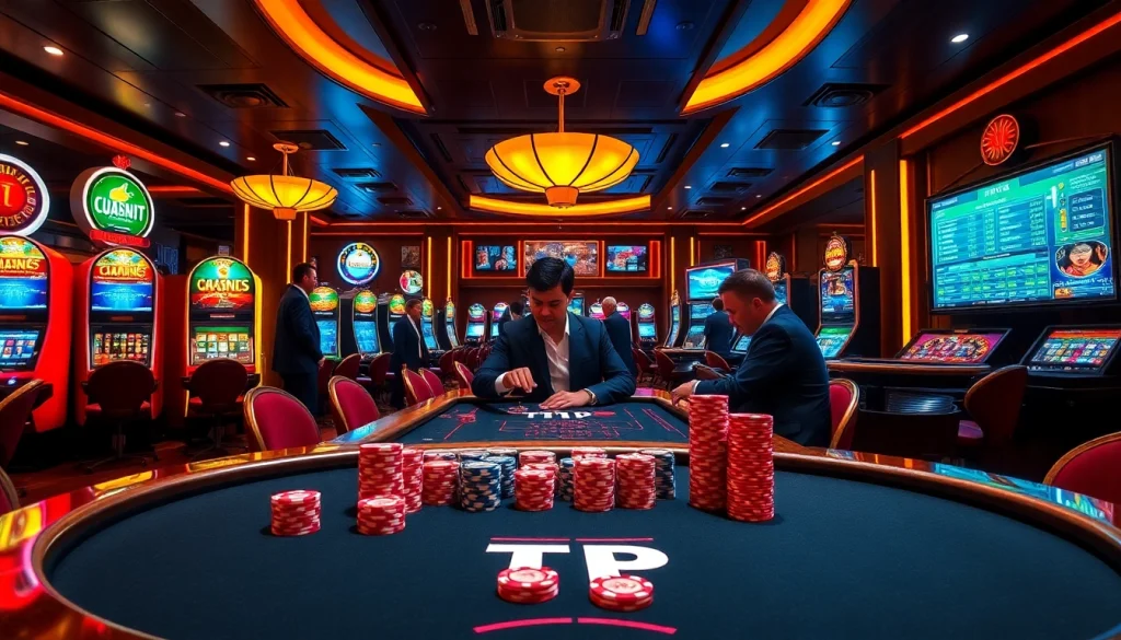 Engage in a thrilling poker game at the TPJ-themed casino with luxury tables and vibrant play.