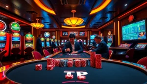 Engage in a thrilling poker game at the TPJ-themed casino with luxury tables and vibrant play.
