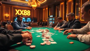 Players enjoying a thrilling poker game at XX88 casino with vibrant poker chips and cards.