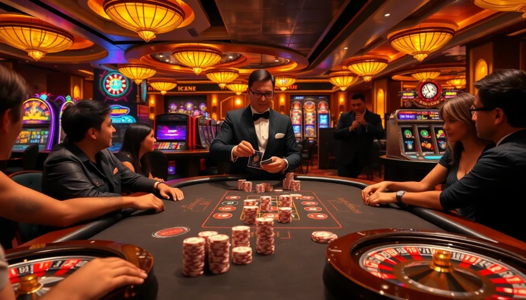 A professional poker scene at UU88 with players and a charismatic dealer, showcasing excitement and luxury.