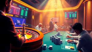 A thrilling DOLA789 online gambling scene showcasing vibrant roulette and poker elements.