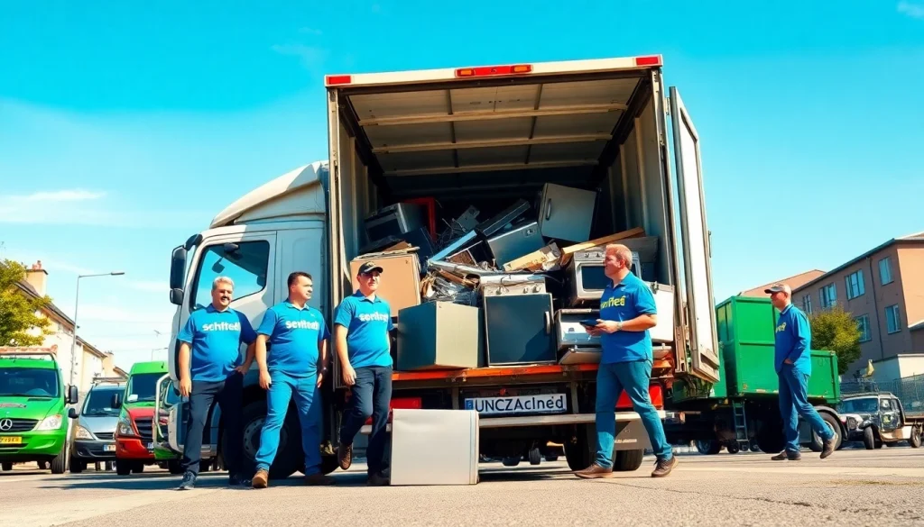 Zuverlässiger Schrotthändler in Düsseldorf lädt Schrottmetall und Haushaltsgeräte in einer freundlichen urbanen Umgebung.
