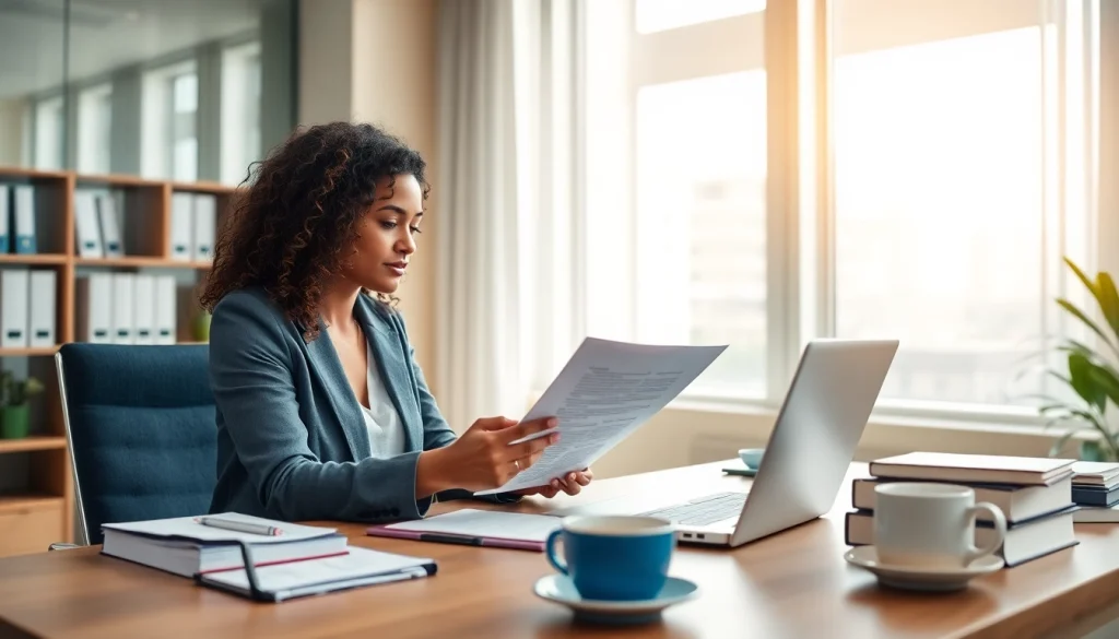 Professioneller beeidigter Übersetzer prüft Dokumente in einem Büro.