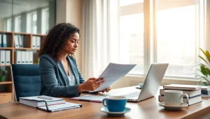 Professioneller beeidigter Übersetzer prüft Dokumente in einem Büro.